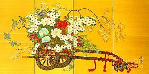 old chinese screen painting flower cart merton allen